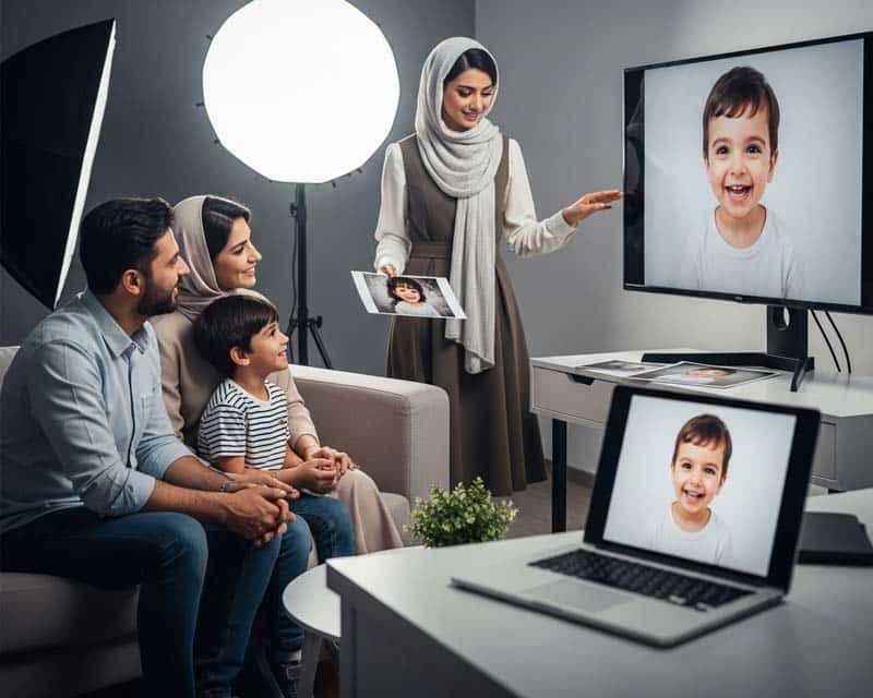 یک خانم در حال کمک به یک خانواده برای اینتخاب عکس های فرزندشان در استودیو