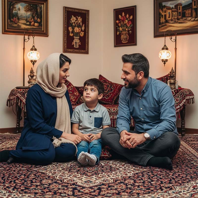 پدر و مادر فرزند در حال صحبت در یک خانه ایرانی