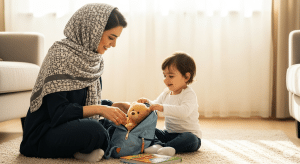 مادری در حال آماده کردن فرزندش برای عکاسی
