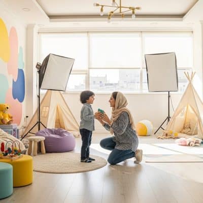 یک خانم عکاس در حال صحبت با یک کودک در آتلیه کودک کرج