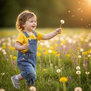 یک دختر بچه یک قاصدک در دست گرفته و در یک چمنزار میدود