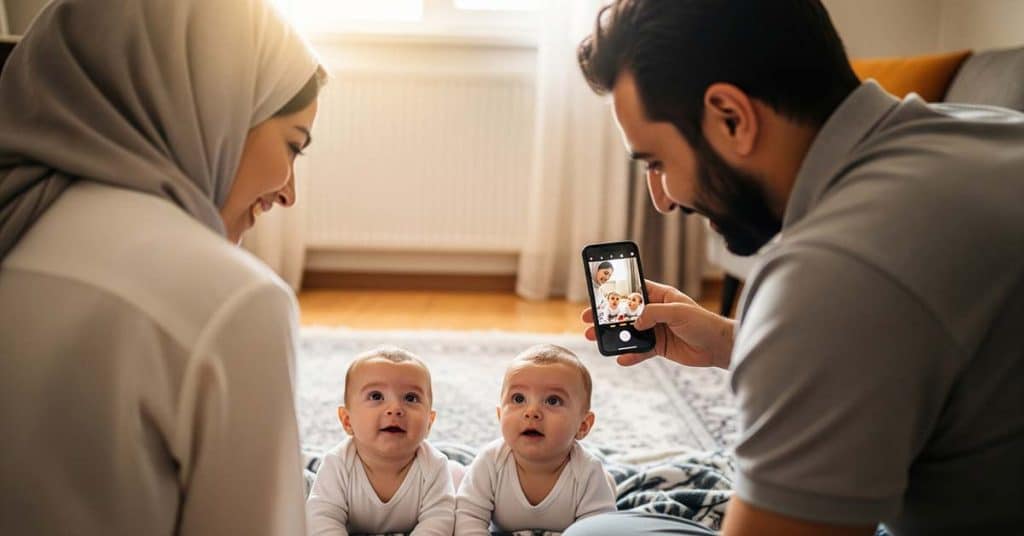 یک پدر و مادر در حال عکاسی از دوقلوهایشان در منزل