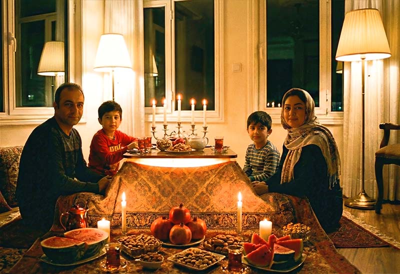 یک خانواده که کنار کرسی و سفره شب یلدا نشسته اند و ایده برای عکس یلدا میباشد